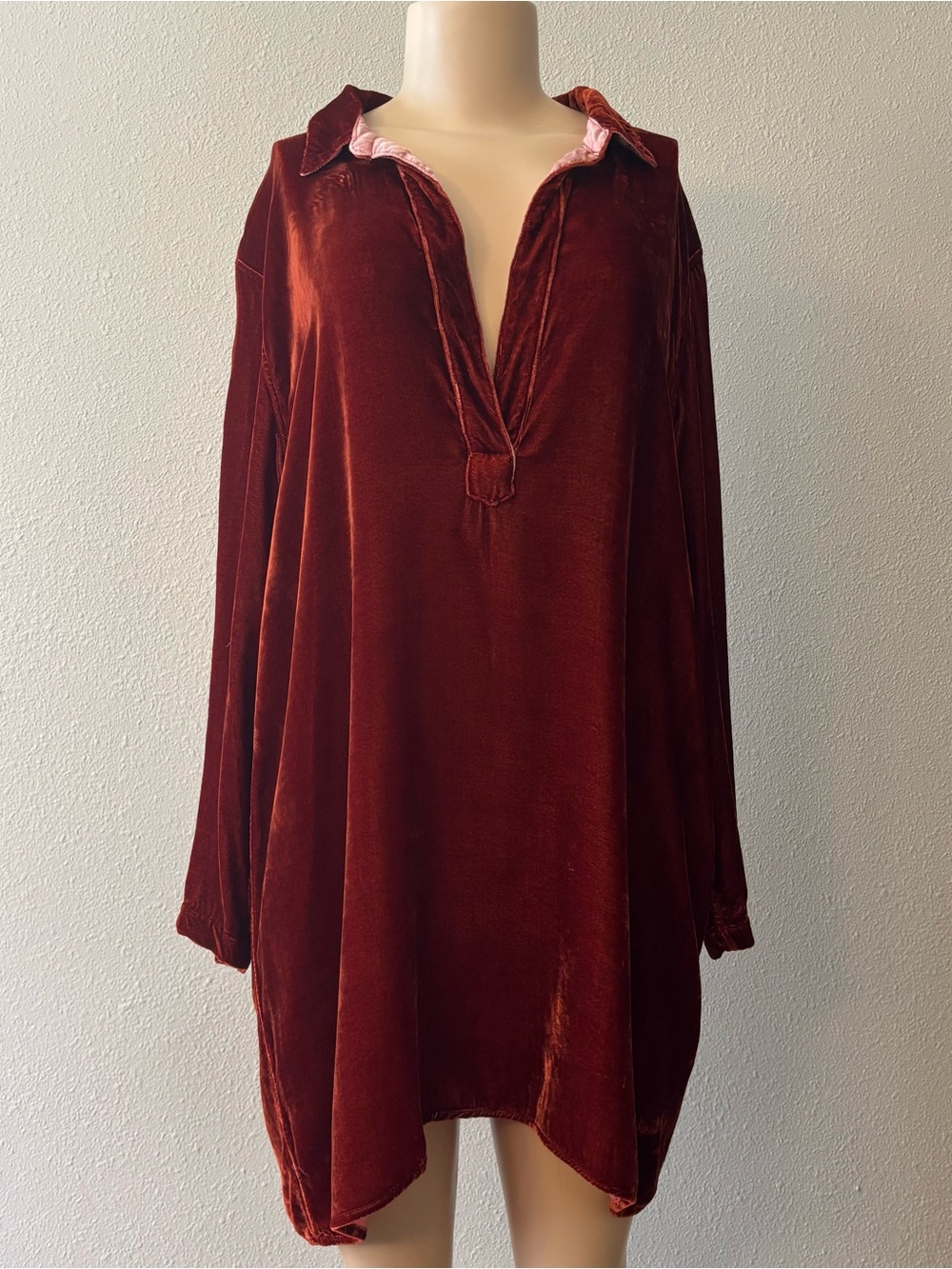CP Shades Velvet Silk Long Sleeve V-neck Dress Tunic Burnt Orange Red Sz Large